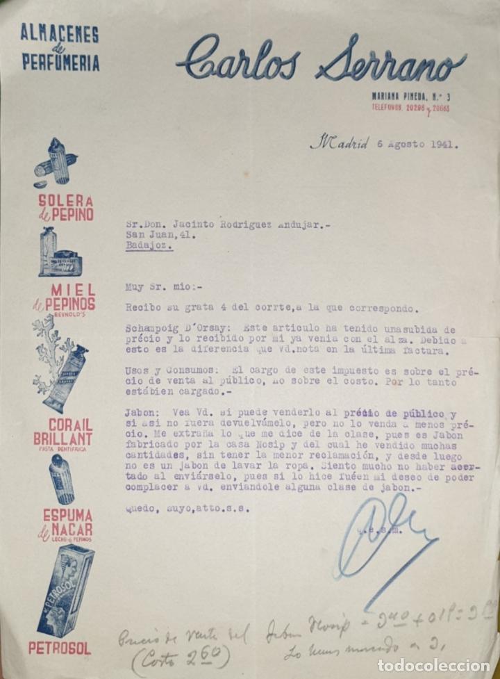 Commercial Letters: Carta comercial. Carlos Serrano. Almacenes de perfumer&iacute;a. Madrid. Espa&ntilde;a 1941
