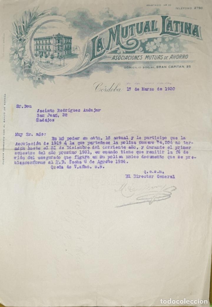 Commercial Letters: Carta comercial. La Mutual Latina. Asociaciones mutuas de ahorro. C&oacute;rdoba. Espa&ntilde;a 1930
