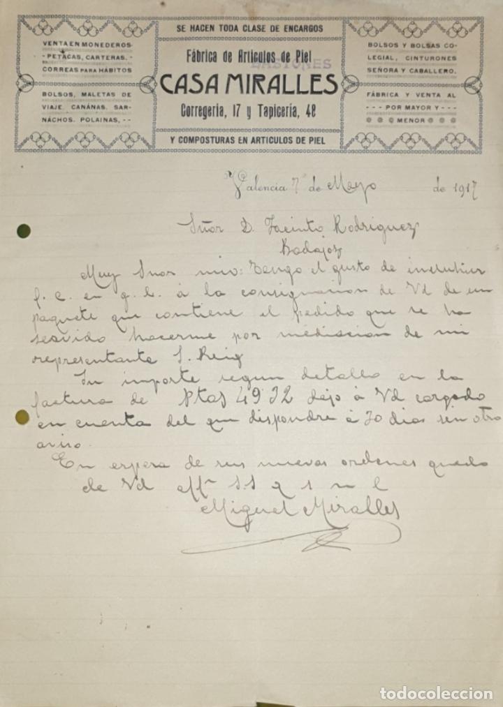 Commercial Letters: Carta comercial. Casa Miralles. F&aacute;brica de art&iacute;culos de piel. Valencia. Espa&ntilde;a 1917