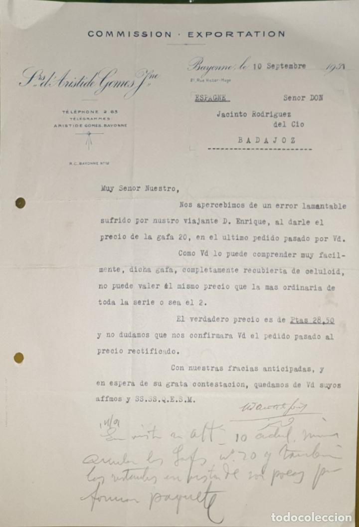 Commercial Letters: Carta comercial. Lrs d&acute;Aristide Gomes . Commission-Exportation. Bayonne. Francia 1931