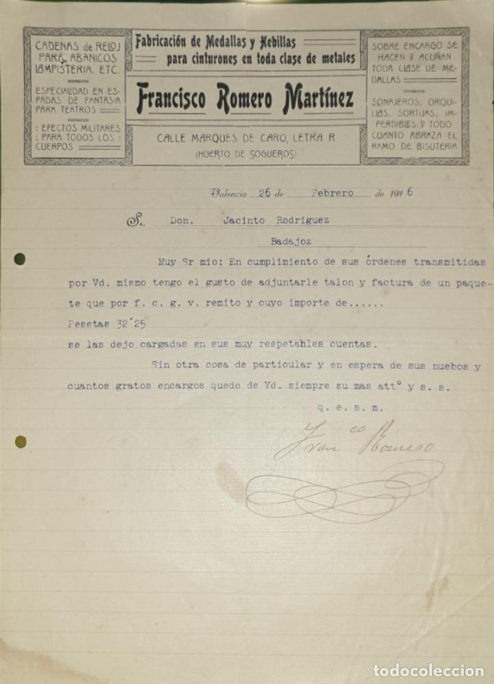 Commercial Letters: Carta comercial. Francisco Romero Mart&iacute;nez. F&aacute;brica medallas y hebillas. Valencia. Espa&ntilde;a 1916