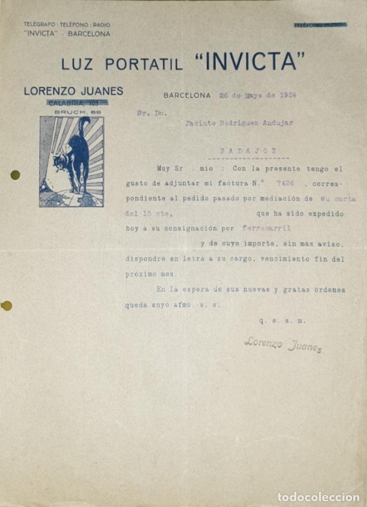 Commercial Letters: Carta comercial. Lorenzo Juanes. Luz Portatil Invicta. Barcelona. Espa&ntilde;a 1924