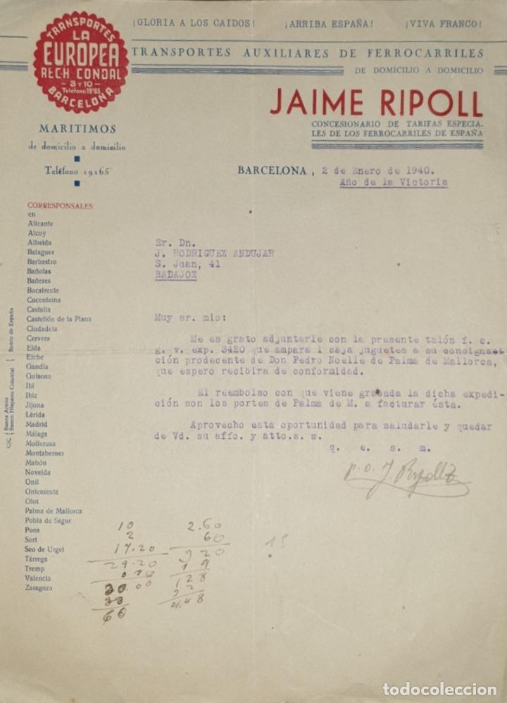Commercial Letters: Carta comercial. Jaime Ripoll. Transportes La Europea. Barcelona. Espa&ntilde;a 1940