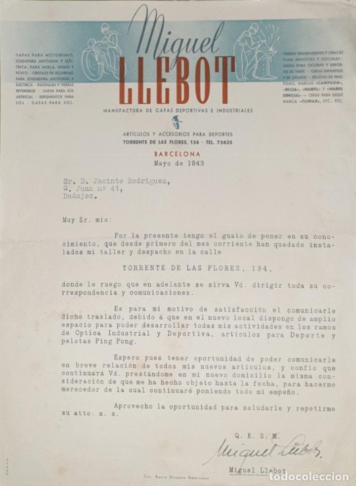 Commercial Letters: Carta comercial. Miguel Llebot. Manufactura de gafas deportivas e Industriales. Barcelona 1943