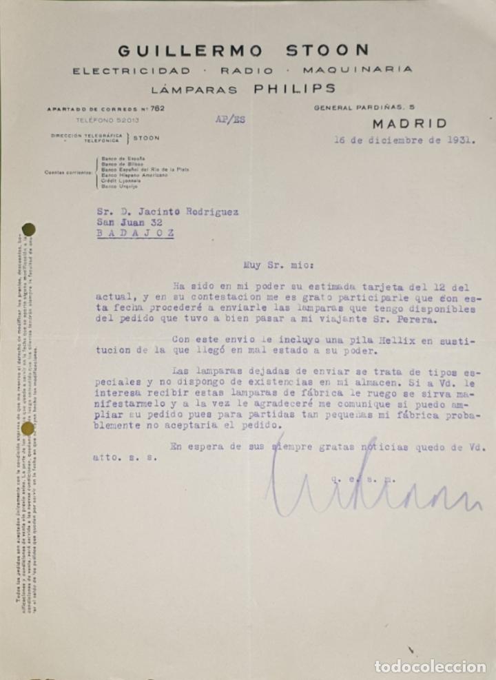Commercial Letters: Carta comercial. Guillermo Stoon. L&aacute;mparas-Maquinaria-Electricidad. Madrid. Espa&ntilde;a 1931
