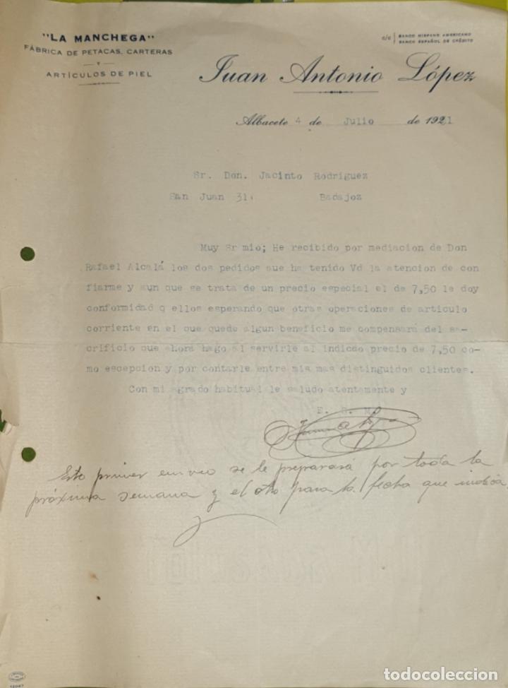 Commercial Letters: Carta comercial. Juan Antonio L&oacute;pez. La Manchega. F&aacute;brica de art&iacute;culos piel. Albacete. ESpa&ntilde;a 1921