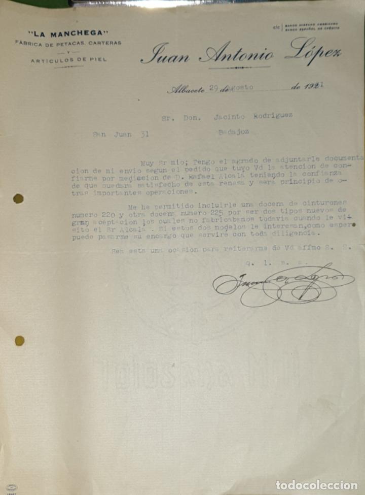 Commercial Letters: Carta comercial. Juan Antonio L&oacute;pez. La Manchega. F&aacute;brica de art&iacute;culos piel. Albacete. ESpa&ntilde;a 1921
