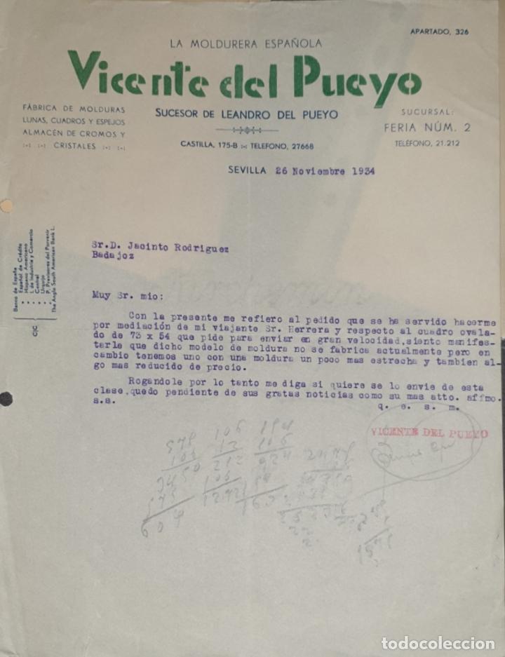 Commercial Letters: Carta comercial. Vicente del Pueyo. La Moldurera Espa&ntilde;ola. F&aacute;brica molduras. Sevilla. Espa&ntilde;a 1934