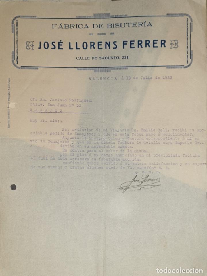 Commercial Letters: Carta comercial. Jos&eacute; Llorens Ferrer. F&aacute;brica de bisuter&iacute;a. Valencia. Espa&ntilde;a 1933