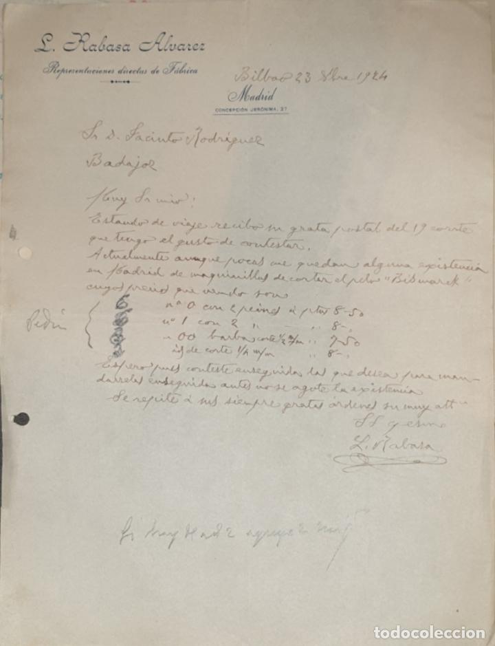 Commercial Letters: Carta comercial. L. Rabasa Alvarez. Representaciones directas de f&aacute;brica. Bilbao. Espa&ntilde;a 1924