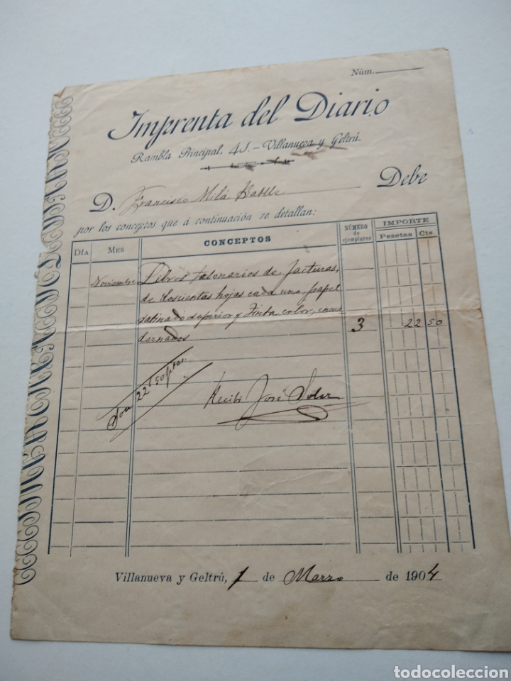 Commercial Letters: Factura Imprenta del Diario Rambla principal Villanueva y Geltr&uacute; 1904