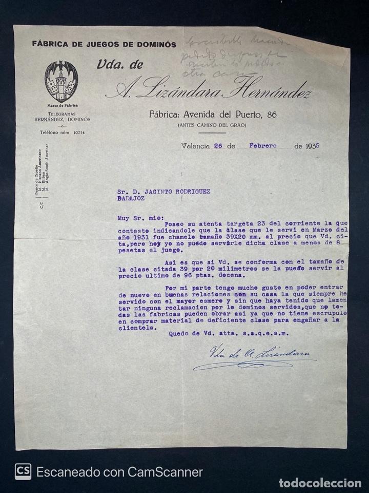 Commercial Letters: CARTA COMERCIAL. FABRICA DE JUEGOS DE DOMINOS. VDA. DE A. LIZANDARA HERNANDEZ. VALENCIA, 1935. VER