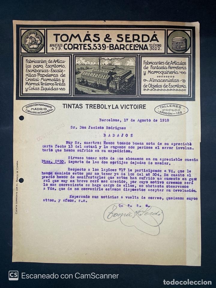 Commercial Letters: CARTA COMERCIAL. TOMAS & SERD&Aacute;. TINTAS TREBOLY LA VICTOIRE. BARCELONA, 1918. VER FOTOS