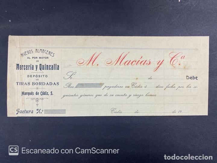 Commercial Letters: MEMBRETE. M. MACIAS Y CIA. NUEVOS ALMACENES. MERECERIA Y QUINCALLA. DEPOSITO DE TIRAS DE BORDADOS.