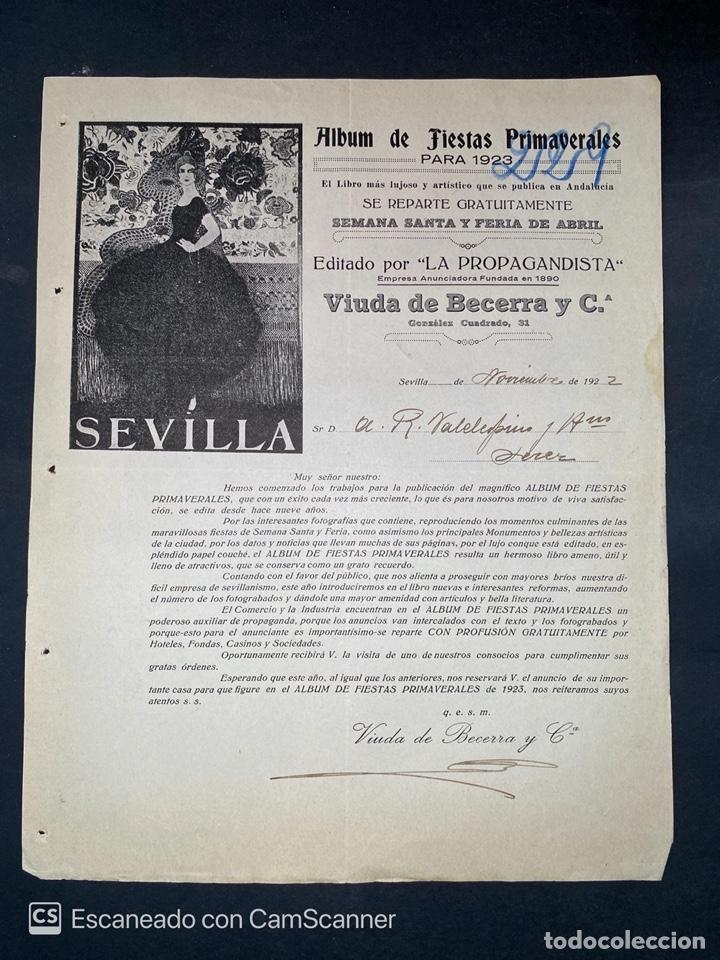 Commercial Letters: CIRCULAR. SEVILLA. ALBUM DE FIESTAS PRIMAVERALES. 1923. VIUDA DE BECERRA Y CIA.