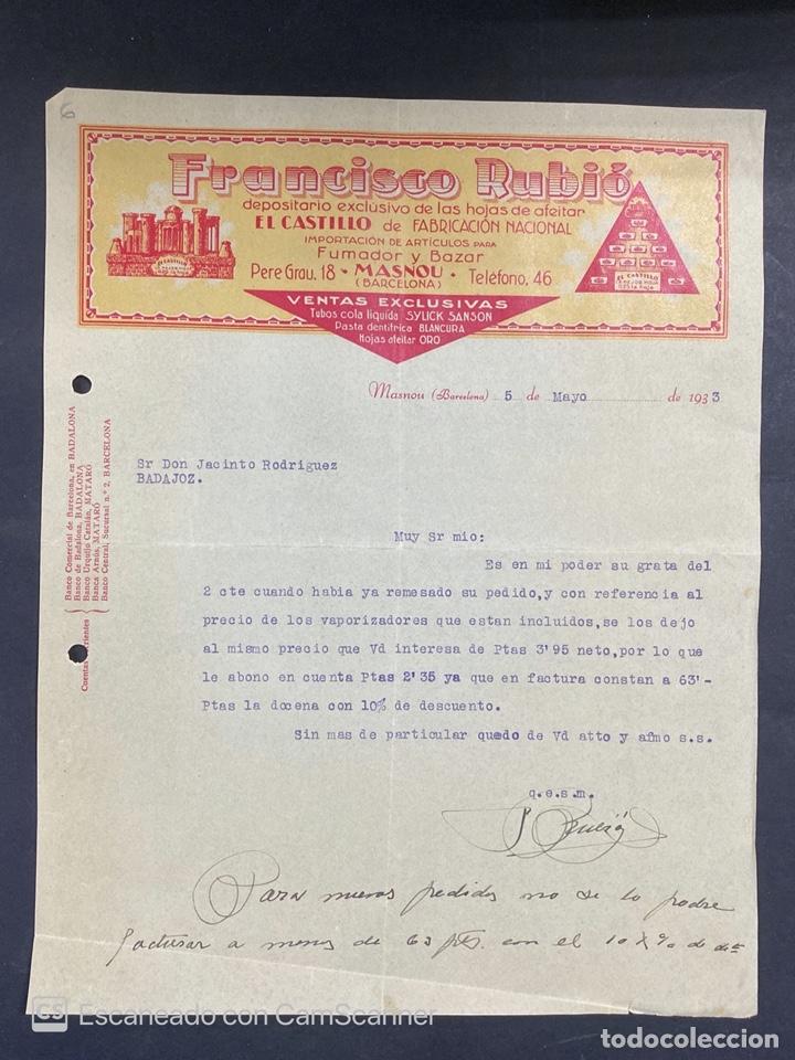 Commercial Letters: CARTA COMERCIAL. FRANCISCO RUBI&Oacute;. MASNOU-BARCELONA, 1933. DIRIGIDA A JACINTO RODRIGUEZ. BADAJOZ.