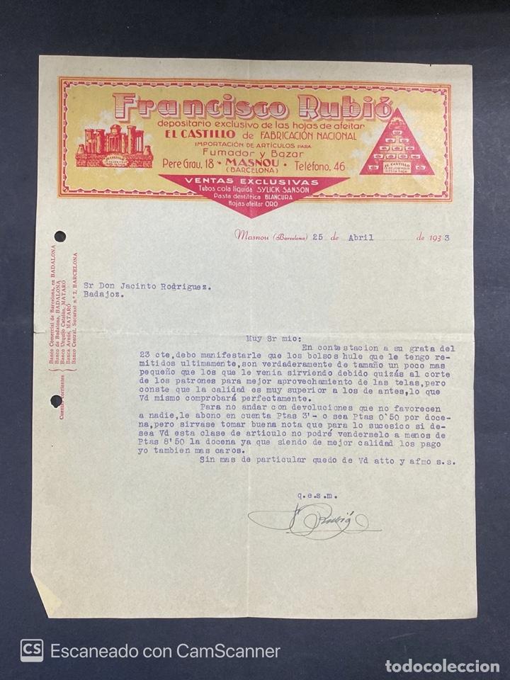 Commercial Letters: CARTA COMERCIAL. FRANCISCO RUBI&Oacute;. MASNOU-BARCELONA, 1933. DIRIGIDA A JACINTO RODRIGUEZ. BADAJOZ.