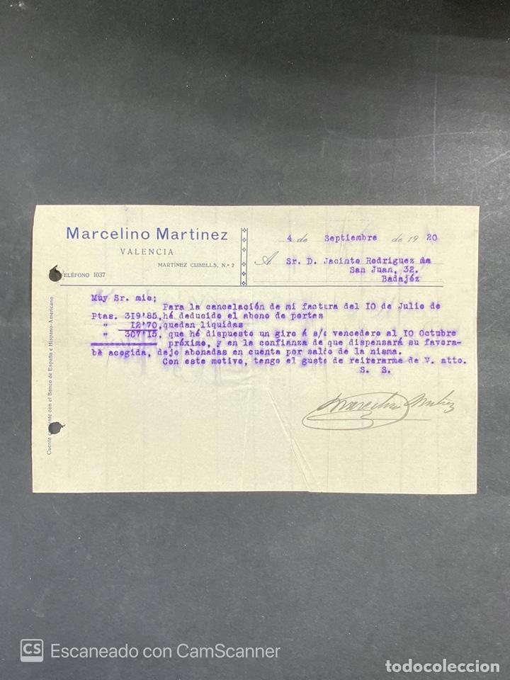 Commercial Letters: MEMORANDUM. MARCELINO MARTINEZ. VALENCIA, 1920. DIRIGIDA A JACINTO RODRIGUEZ. BADAJOZ.