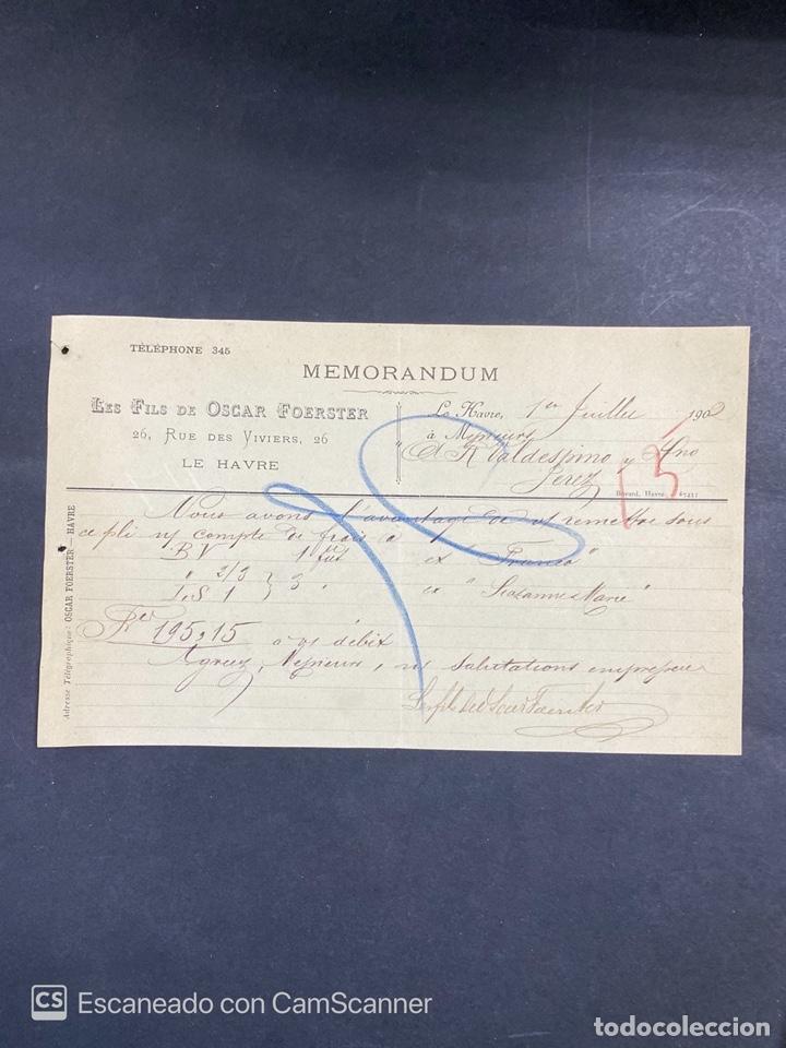 Commercial Letters: MEMORANDUM. LES FILS DE OSCAR FOERSTER. LE HAVRE-FRANCIA, 1902. PARA A.R. VALDESPINO, JEREZ.