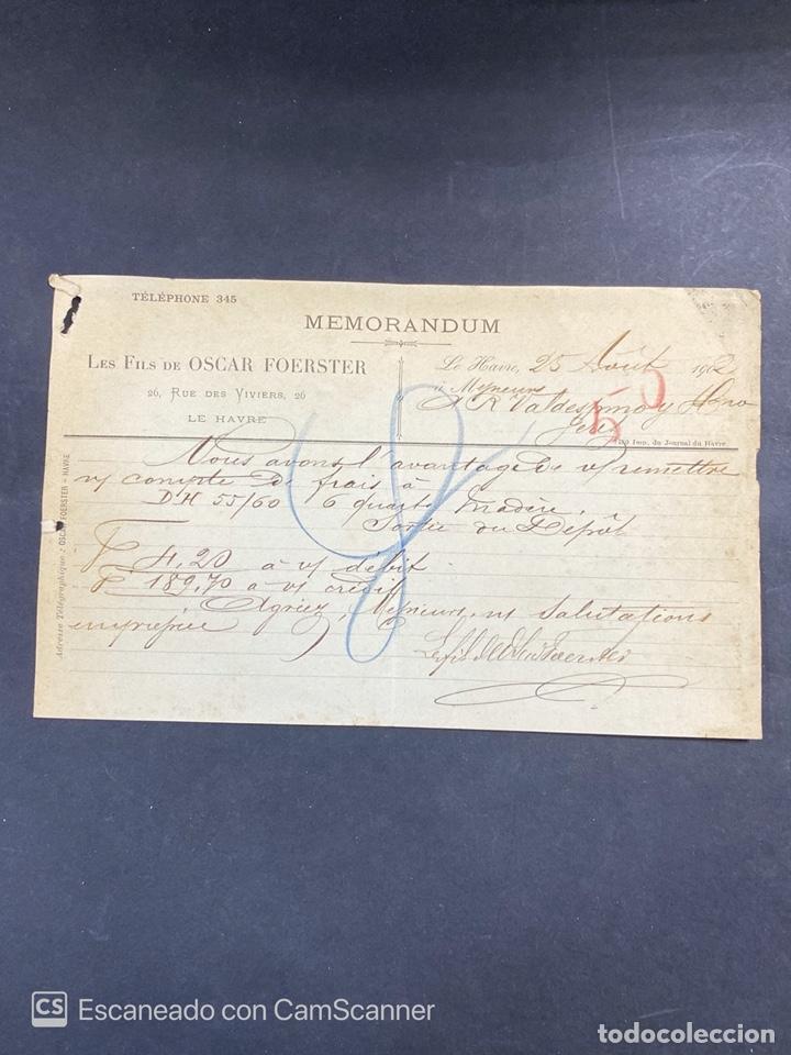 Commercial Letters: MEMORANDUM. LES FILS DE OSCAR FOERSTER. LE HAVRE-FRANCIA, 1902. PARA A.R. VALDESPINO, JEREZ.