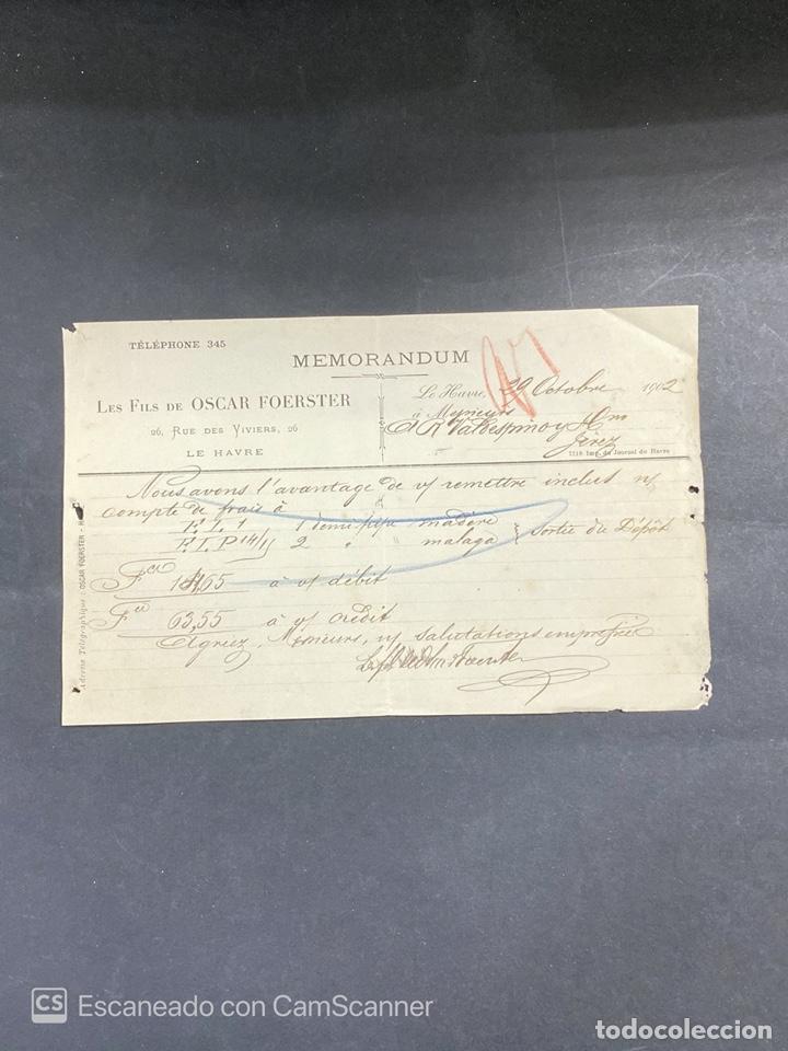 Commercial Letters: MEMORANDUM. LES FILS DE OSCAR FOERSTER. LE HAVRE-FRANCIA, 1902. PARA A.R. VALDESPINO, JEREZ.