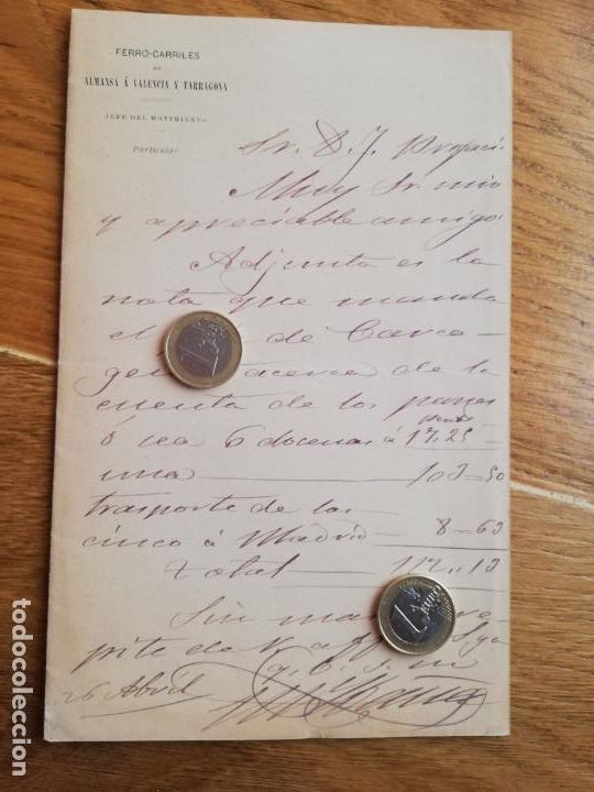 Commercial Letters: Lote tres cartas membrete ferrocarriles Almansa a Valencia y Tarragona 1880 portes