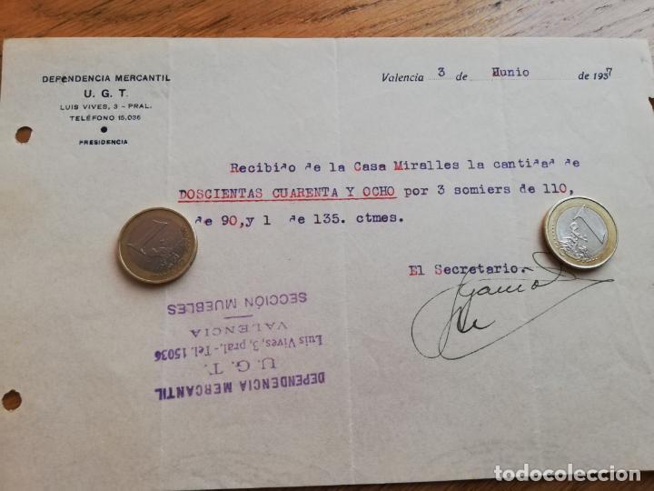 Lettere commerciali: Carta membrete Dependencia comercial UGT guerra civil Valencia 1937 entrega de somiers
