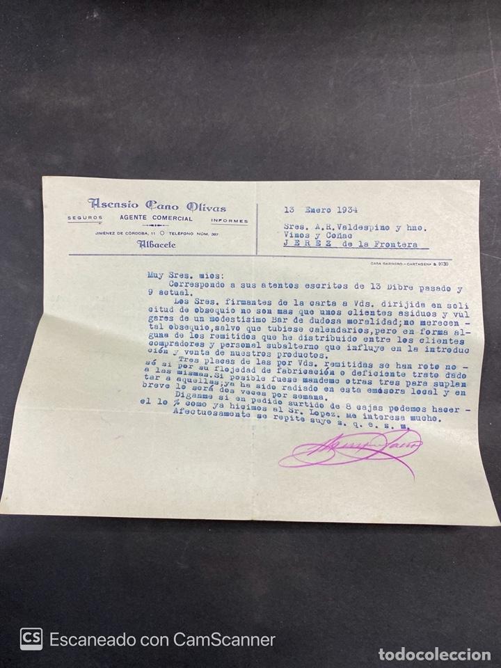 Commercial Letters: CARTA COMERCIAL. ASENSIO CANO OLIVAS. ALBACETE, 1934. PARA A.R VALDESPINO, JEREZ.