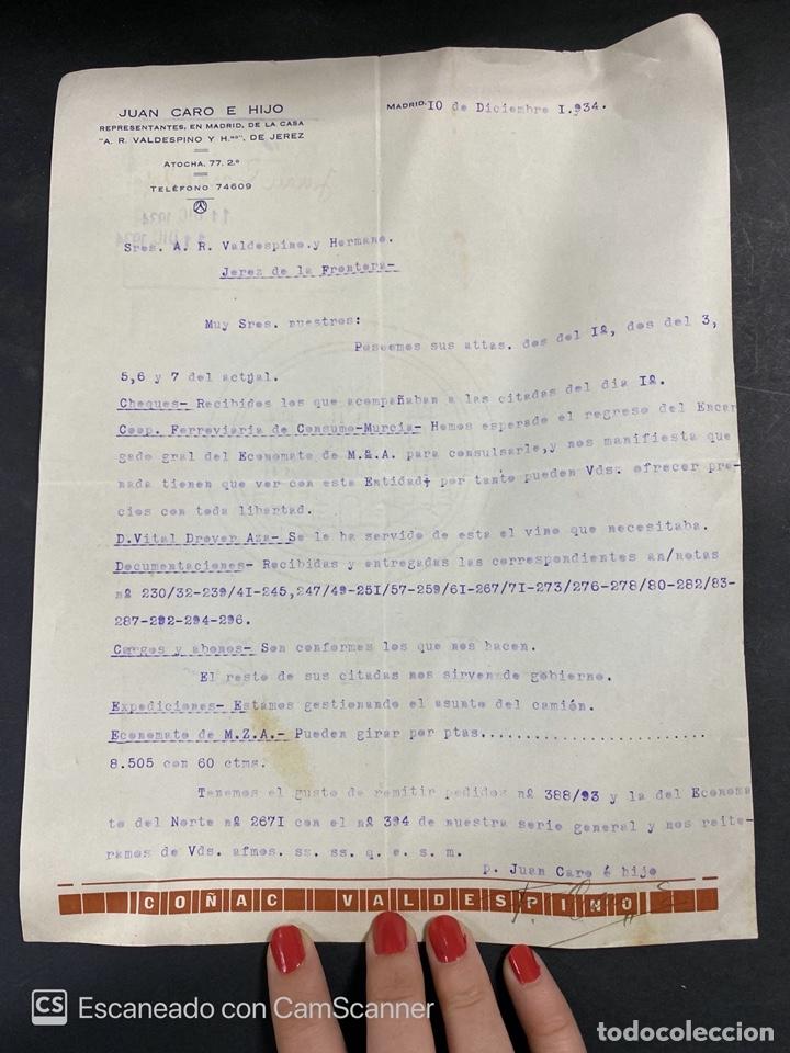 Commercial Letters: CARTA COMERCIAL. JUAN CARO E HIJO. MADRID, 1934. PARA A.R. VALDESPINO Y HNO. JEREZ.