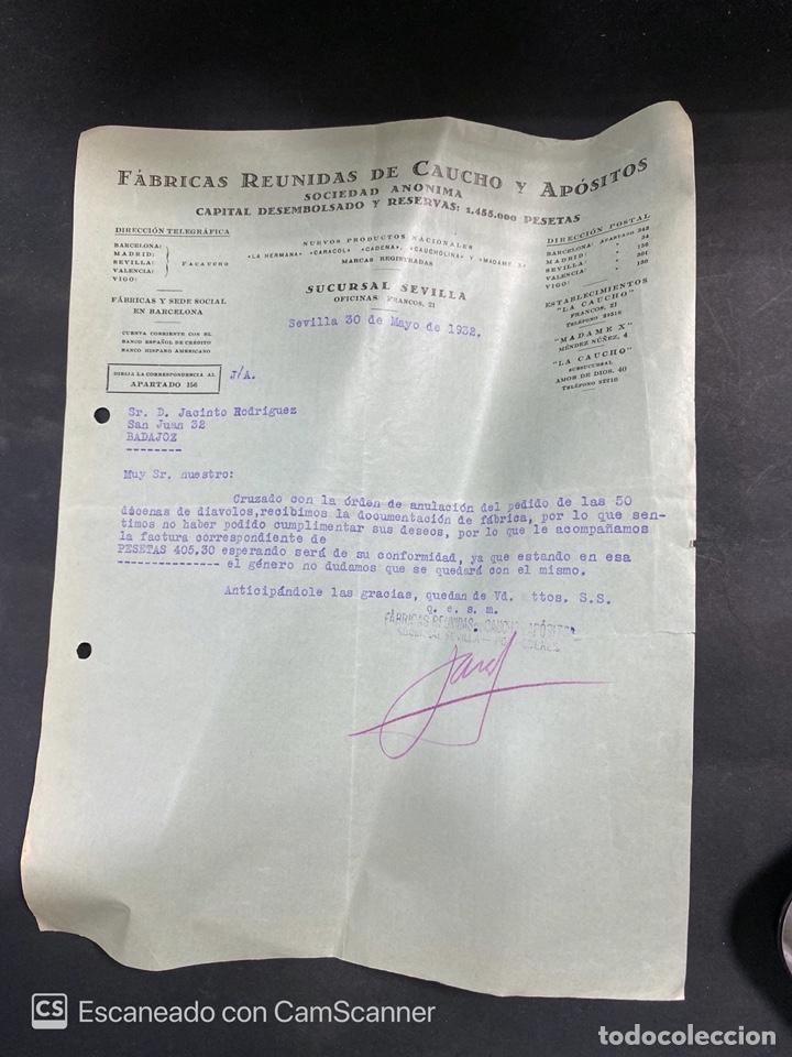Commercial Letters: CARTA COMERCIAL.FABRICAS REUNIDAS DE CAUCHO Y APOSITOS. SEVILLA, 1932.PARA JACINTO RODRIGUEZ.BADAJOZ