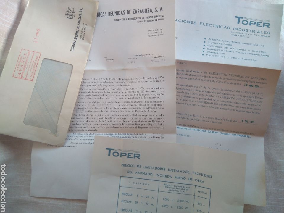 Commercial Letters: CARTA EL&Eacute;CTRICAS REUNIDAS DE ZARAGOZA -TOPER INSTALACIONES EL&Eacute;CTRICAS- ZARAGOZA 1972
