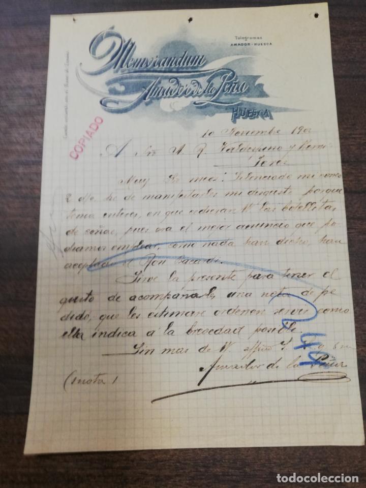 Commercial Letters: CARTA COMERCIAL. HUESCA. 1900. MEMORANDUM AMADOR DE LA PE&Ntilde;A.
