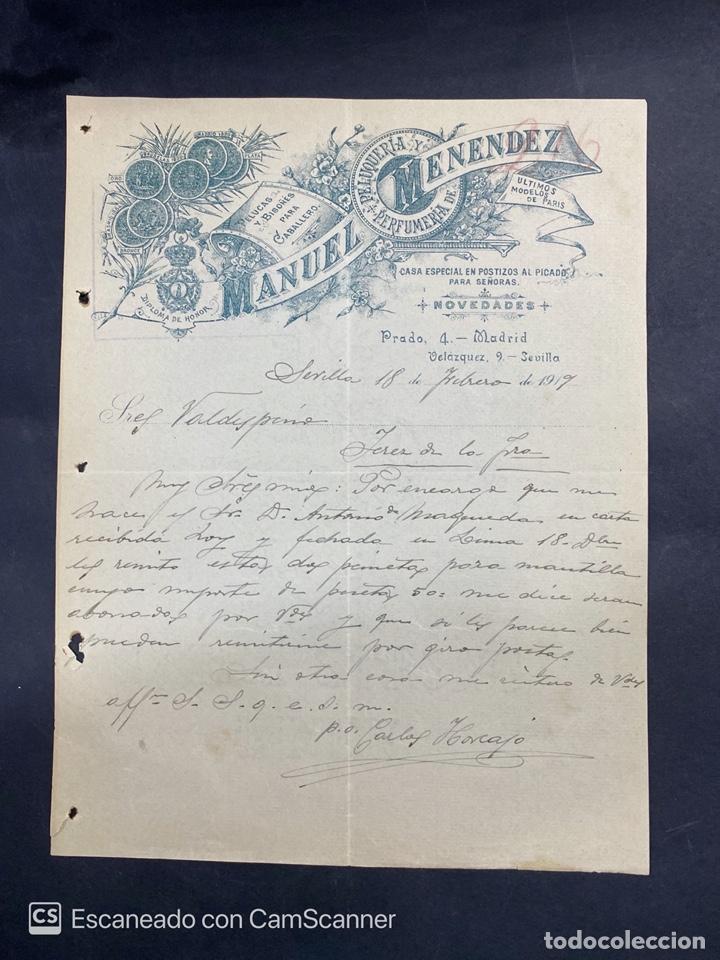 Gesch&auml;ftsbriefe: CARTA COMERCIAL. MANUEL MENENDEZ. PELUQUERIA Y PERFUMERIA. SEVILLA, 1919.
