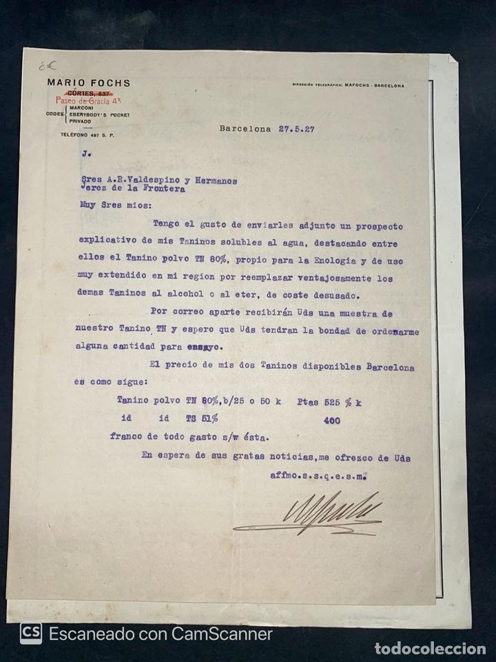 Gesch&auml;ftsbriefe: CARTA COMERCIAL. Y FACTURA. MARIO FOCHS. BARCELONA, 1927. DIRIGIDA A A.R. VALDESPINO Y HERMANOS.