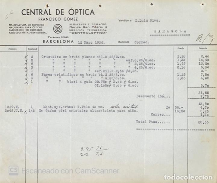 Gesch&auml;ftsbriefe: FACTURA. CENTRAL DE OPTICA. FRANCISCO GOMEZ. BARCELONA, 1936. VER