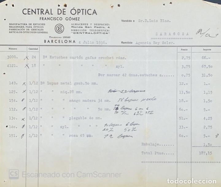 Gesch&auml;ftsbriefe: FACTURA. CENTRAL DE OPTICA. FRANCISCO GOMEZ. BARCELONA, 1936. VER