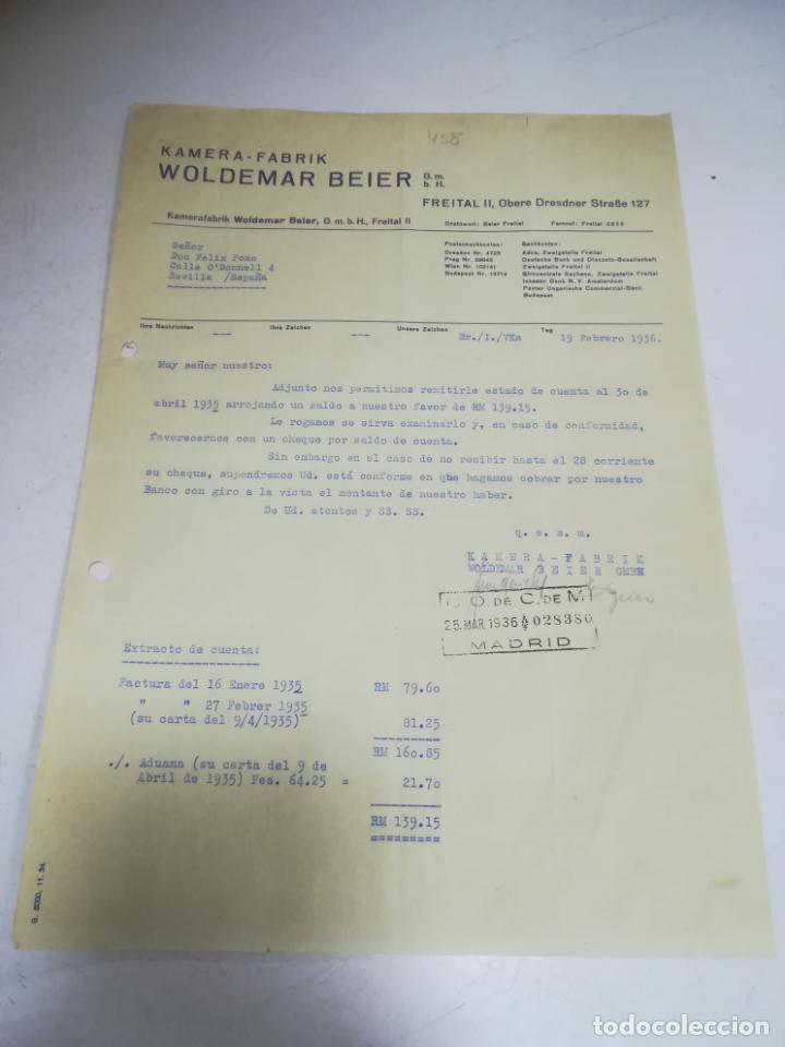 Gesch&auml;ftsbriefe: CARTA COMERCIAL. KAMERA-FABRIK. WOLDEMAR BEIER. FREITAL, ALEMANIA. 1936