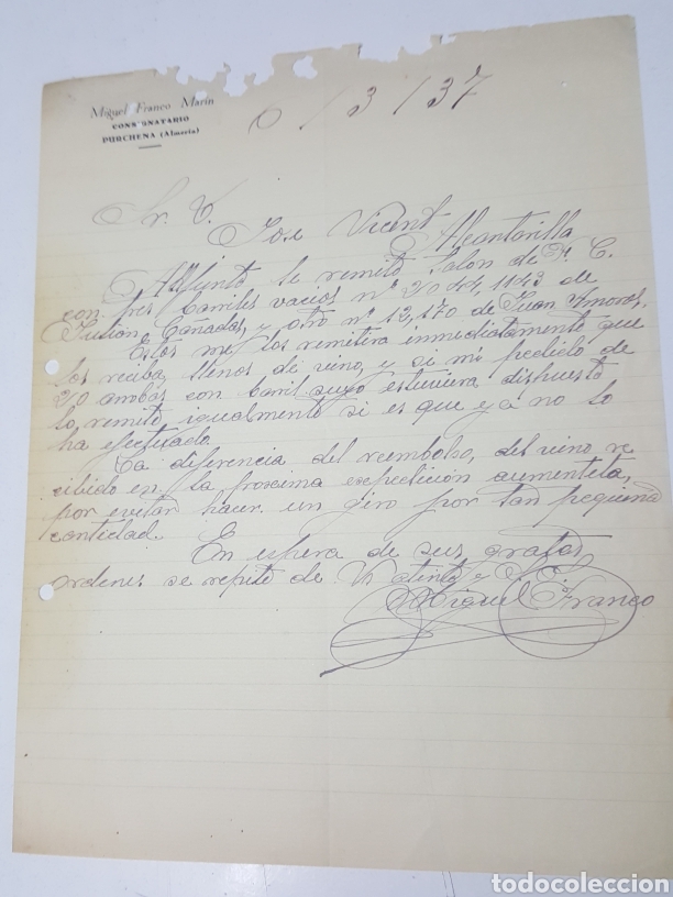 Commercial Letters: Carta manuscrita expedicion vino Consignatario Miguel Franco de Purchena Almeria 6 marzo 1937