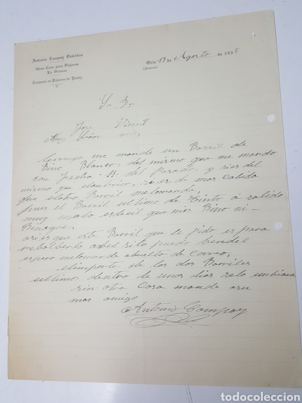 Commercial Letters: Carta pedido vino Tratante de p&aacute;jaros Antonio Campoy de Oria Almeria 12 agosto 1935