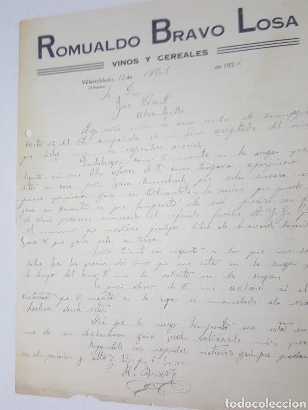 Commercial Letters: Carta pedido vino Romualdo Bravo Losa de Villarobledo albacete 13 de abril de 1935