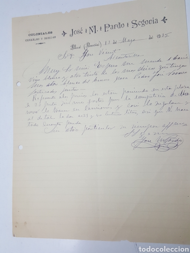 Commercial Letters: Carta pedido vino Coloniales Jose M. Pardo Segovia de Albox Almeria 13 mayo 1935