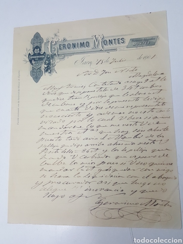 Commercial Letters: Carta Exportacion de aceites Geronimo Montes - Jaen 15 de julio de 1901