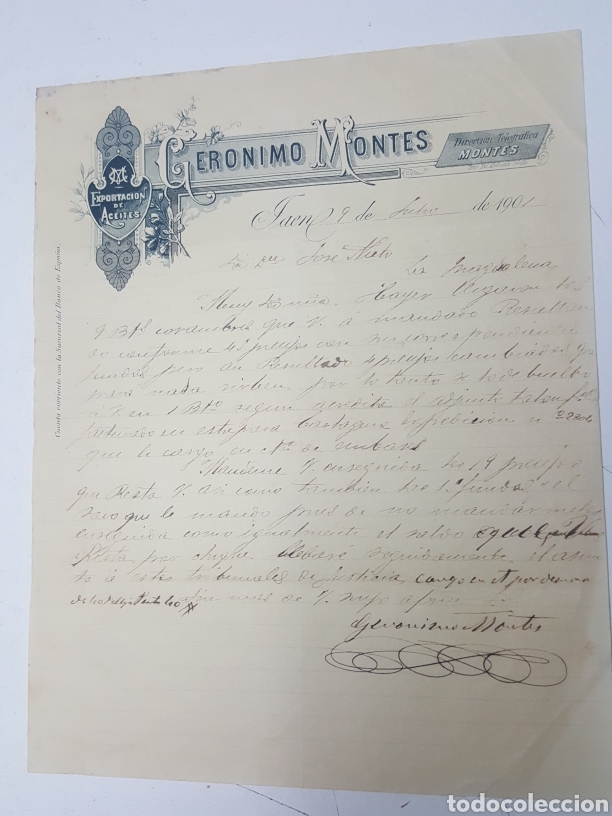 Commercial Letters: Carta Exportacion de aceites Geronimo Montes - Jaen 9 de julio de 1901