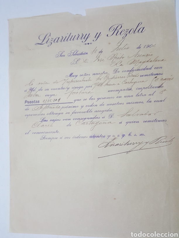 Commercial Letters: Carta Lizariturry y Rezola San Sebastian giro de letra consignada a Salvador Clares 10 de julio 1900
