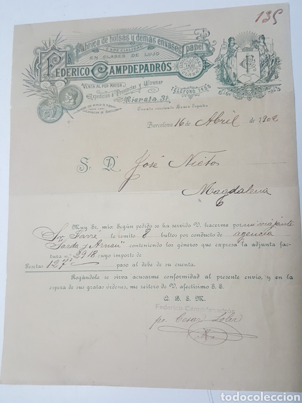 Commercial Letters: Carta Fabrica bolsas y envases Federico Campdepadros - Barcelona 16 de abril 1902