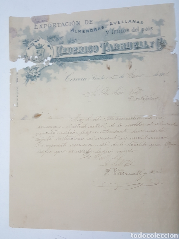 Commercial Letters: Carta exportacion almendras Federico Tarruell - Cervera Lerida 5 enero 1901