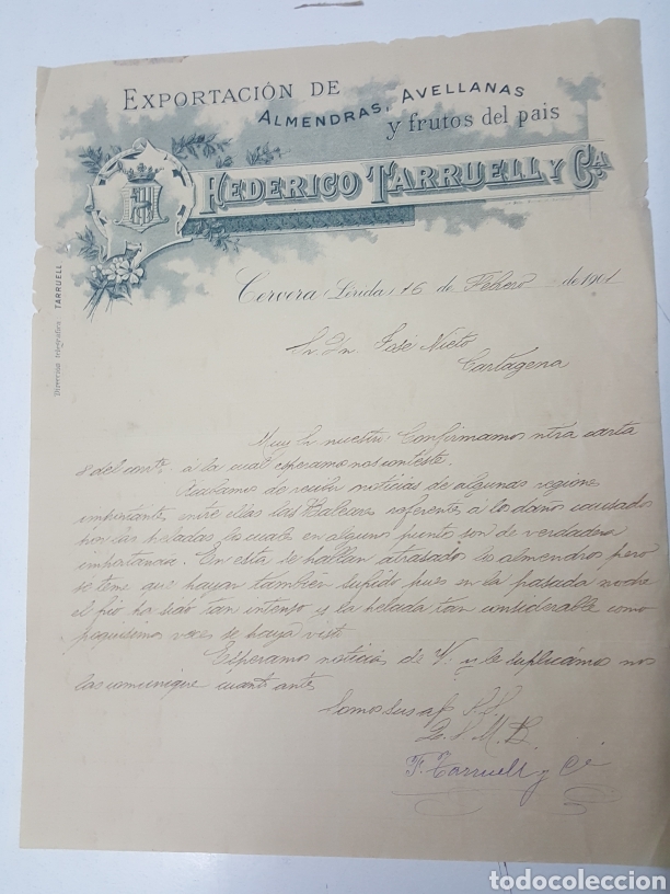 Commercial Letters: Carta exportacion frutos secos Federico Tarruell y Cia - Cervera, Lerida 16 febrero 1901