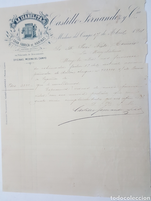 Commercial Letters: Carta Fabrica de Harinas La Isabelita Castillo Fernandez - Bracamonte Medina del Campo 17 abril 1901