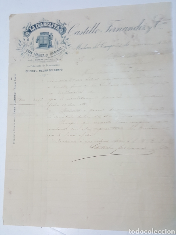 Commercial Letters: Carta Fabrica de Harinas La Isabelita Castillo Fernandez -Bracamonte Medina del Campo 31 marzo 1901