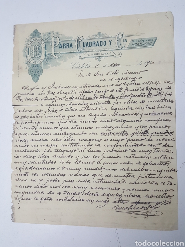 Commercial Letters: Carta Exportadores de aceite Parra Cuadrado y Cia - Cordoba 16 noviembre 1920